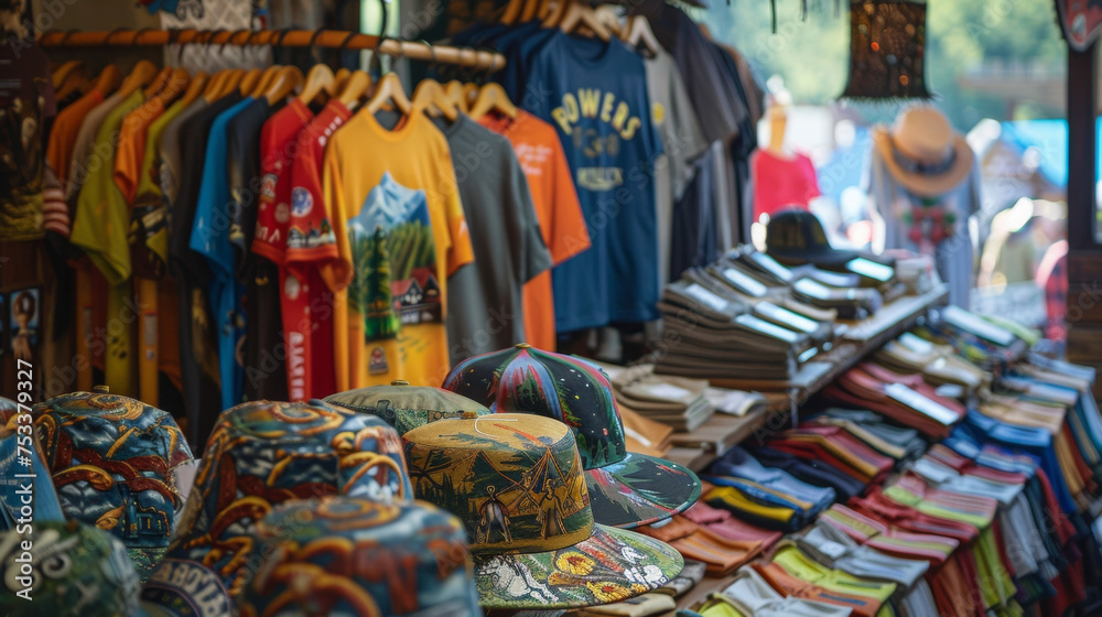 A colorful display of themed tshirts hats and accessories featuring traditional German designs such as pretzels beer steins and alpine landscapes available for sale at an
