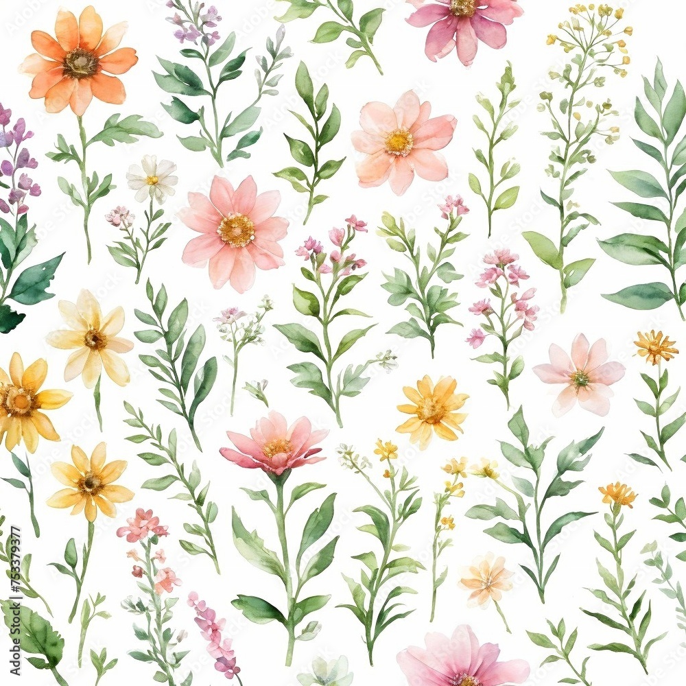 Fototapeta premium Botanical Bliss, Watercolor, Wildflowers, Clip Art, brings the allure of wildflowers to your designs, providing versatile options for use in invitations, greeting cards, digital artwork