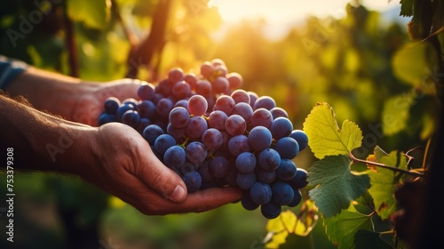 Hands holding ripe grapes in a vineyard, symbolizing the harvest and natural produce.