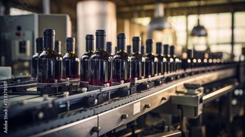 Automated bottling line with wine bottles, capturing the essence of modern wine production.