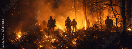 Firefighters silhouette against a raging forest fire, depicting bravery and emergency response. © Sergei