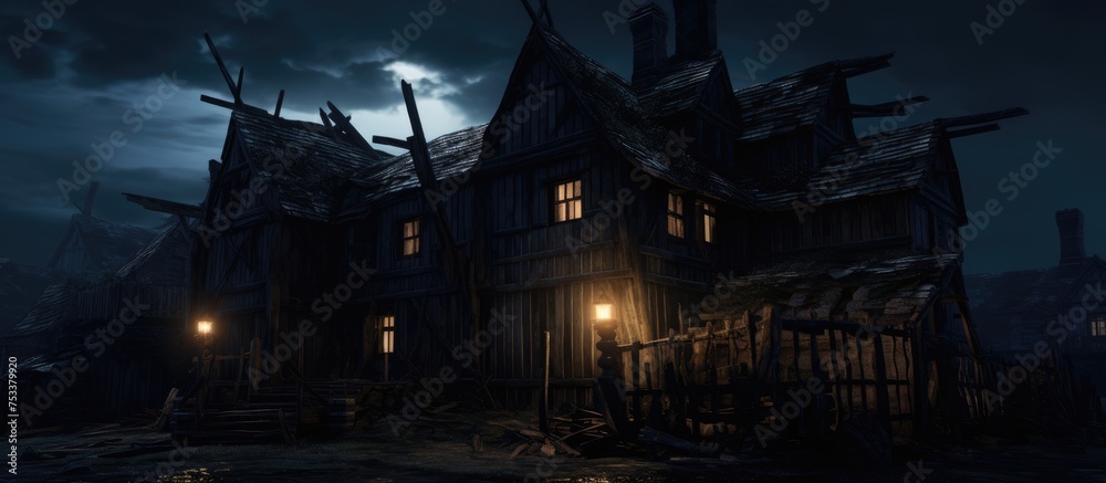 Nighttime scary dark wooden building