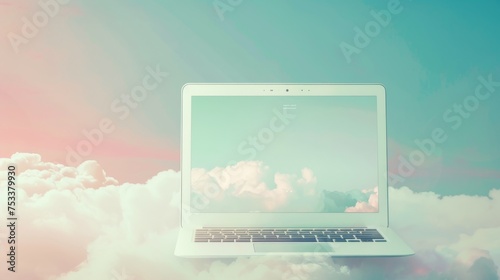 surreal scene of a laptop floating on a fluffy pink cloud