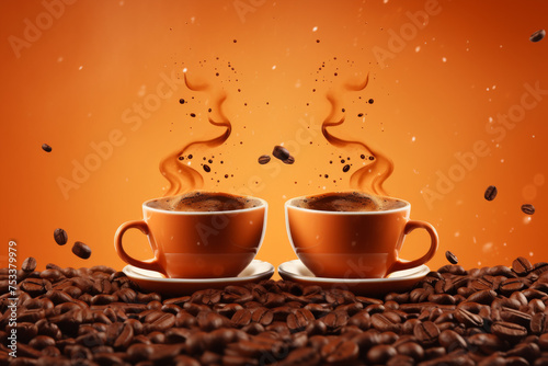 Illustration of roasted beans and coffee splashing 