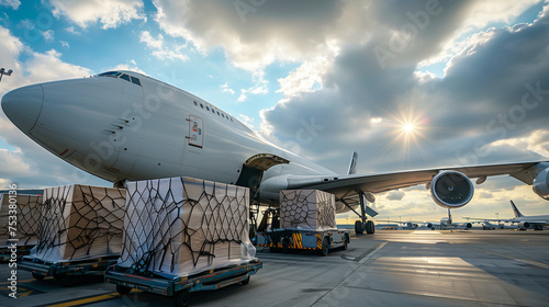 Loading to the aircraft. Air cargo logistic containers are loading to an airplane. Air transport shipment prepare for loading to modern freighter jet aircraft at the airport. A cargo plane takes off. 