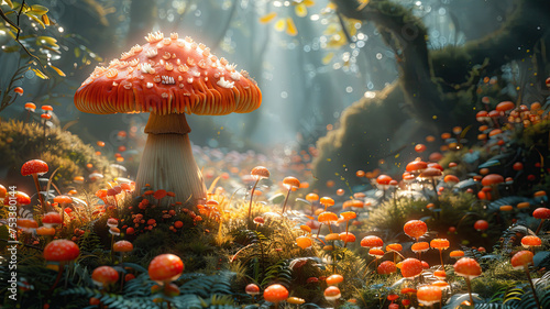 Enchanted forest scene with oversized, vibrant red mushrooms amidst a mystical, sunlit woodland © visual artstock