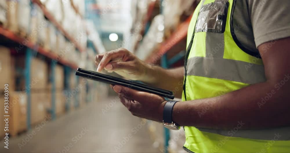 Man, hands and logistics with tablet for shipping, inventory inspection or research at warehouse. Closeup of male person or employee with technology for storage, checklist or supply chain service