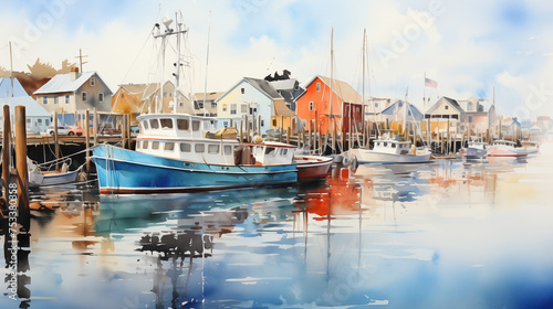 A tranquil watercolor composition capturing the serene beauty of a waterfront cityscape, with boats, docks, and colorful reflections in the water