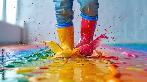 children's feet wearing colourful wellington boots jumping and running through colourful paint