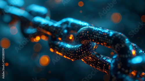 Represented by neon lights, abstract digital chains serve as visual metaphors for both blockchain technology and cybersecurity.