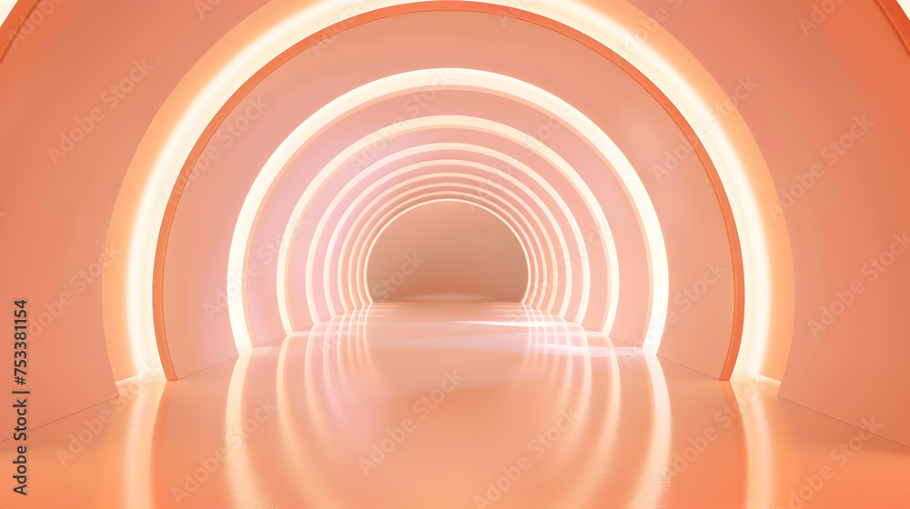 Naklejka premium Futuristic Peach Light Tunnel in Reflective Space