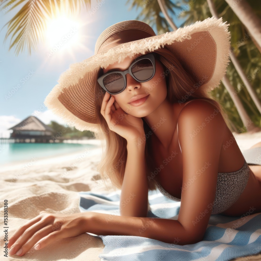 woman with glasses and a hat sunbathing calmly and relaxed on the beach