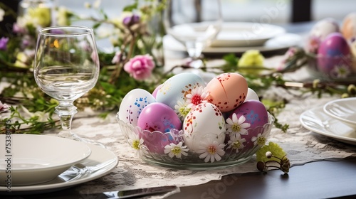 The Easter table is beautifully set with vibrant  colorful eggs  creating a festive and joyous atmosphere for the holiday celebration. 