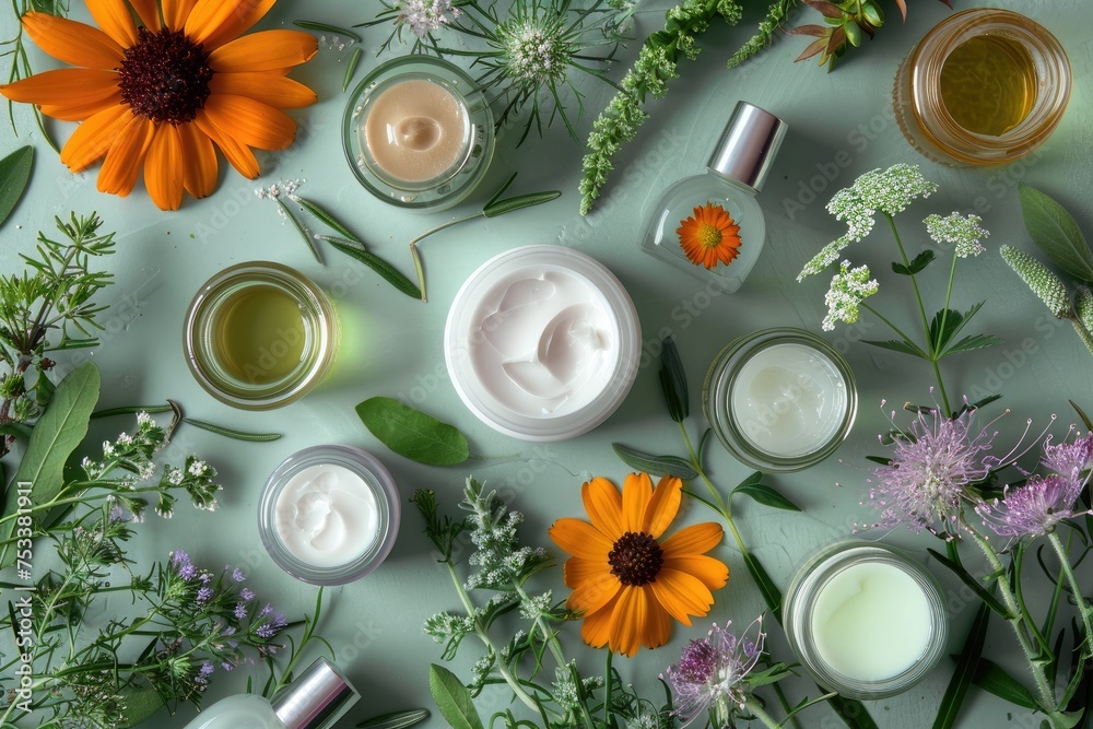 A closeup of natural skincare products surrounded by fresh herbs and flowers A closeup of natural skincare products surrounded by fresh herbs and flowers