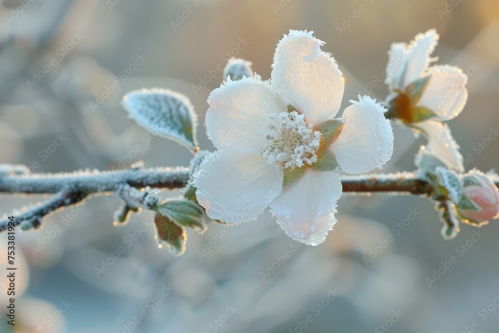 A delicate frosted flower on a cold winter morning capturing the frost patterns