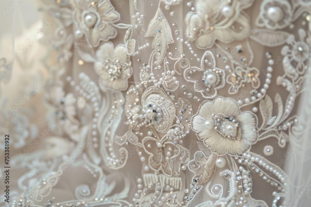 A detailed lace and beadwork on a custom bridal gown A detailed lace and beadwork on a custom bridal gown