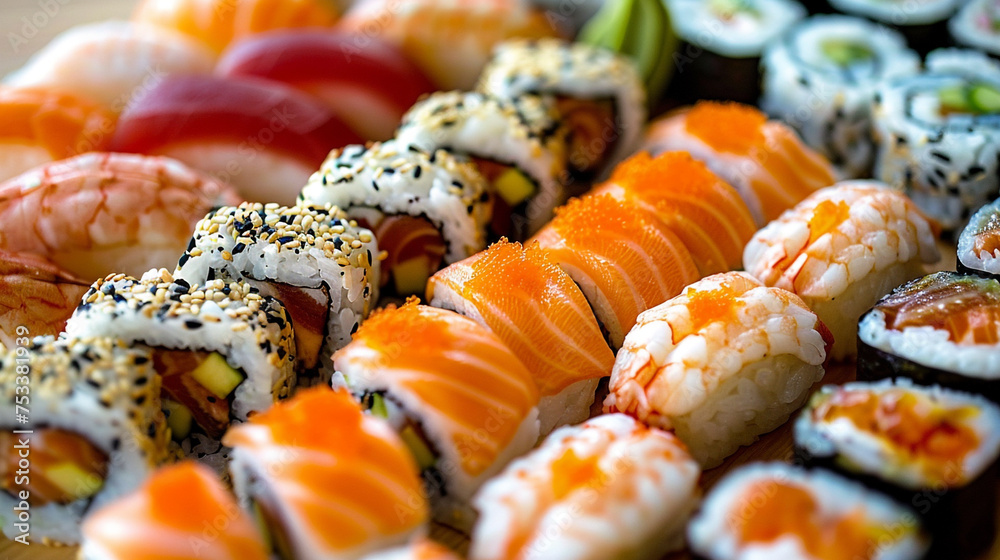 An assortment of sushi rolls arranged neatly on a plate with soy sauce and wasabi on the side An assortment of sushi rolls arranged neatly on a plate with soy sauce and wasabi on the side