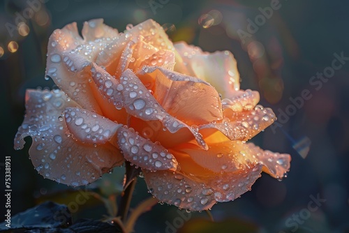 A delicate dew-covered rose at sunrise showcasing its intricate petals