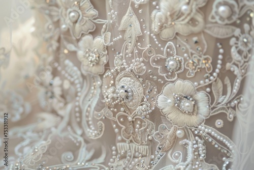 A detailed lace and beadwork on a custom bridal gown
