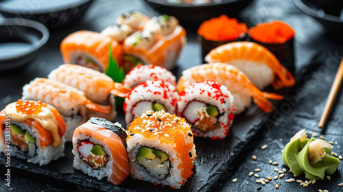 An assortment of sushi rolls arranged neatly on a plate with soy sauce and wasabi on the side