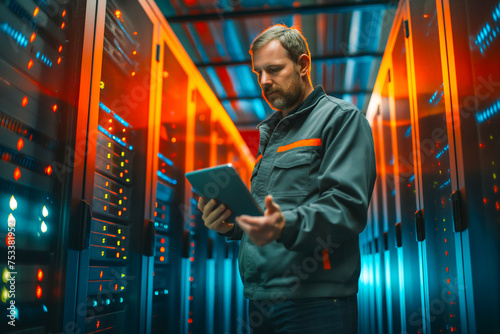 Portrait of IT Specialist Uses tablet in Data Center. Server Farm Cloud Computing Facility with Male Maintenance Administrator Working. Cyber Security and Network Protection