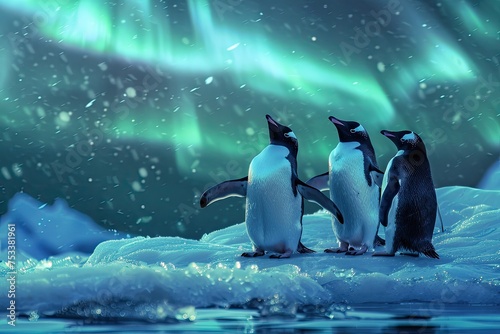 A family of penguins waddling on a glittering ice floe under the aurora borealis