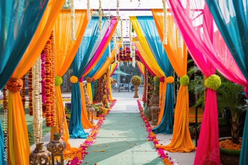 A festive Indian wedding celebration with colorful decorations and traditional attire