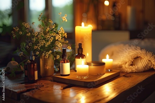 A tranquil image of a nighttime skincare routine by candlelight