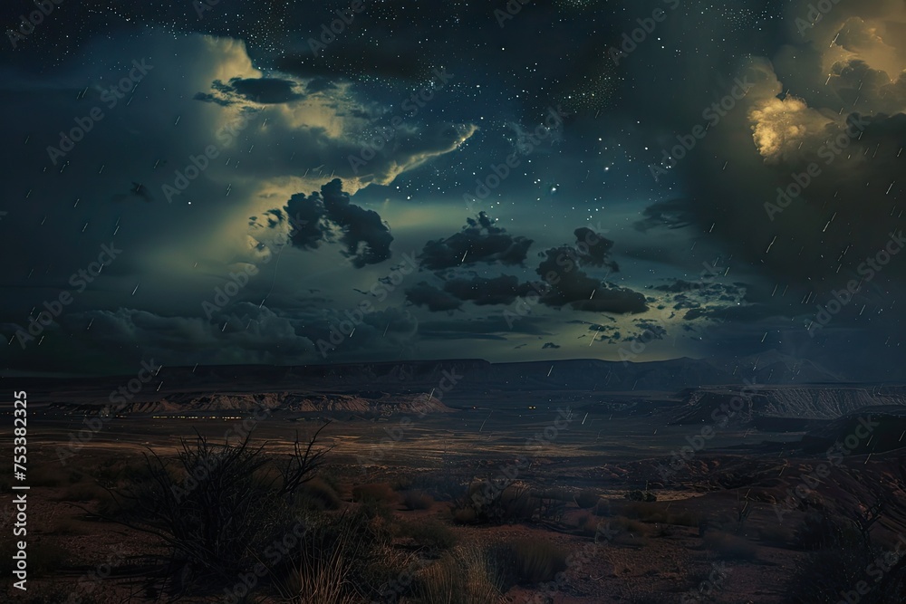 Obraz premium A night desert storm with northern lights visible in the sky