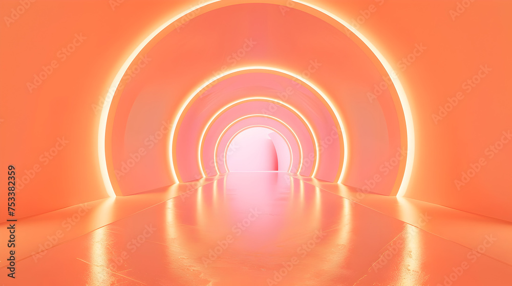 Fototapeta premium Futuristic Peach Light Tunnel in Reflective Space
