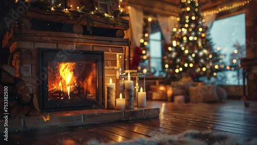 warm house with fireplace and blurred christmas tree in background. warm cozy fireplace with real wood burning in it. seamless looping overlay 4k virtual video animation background