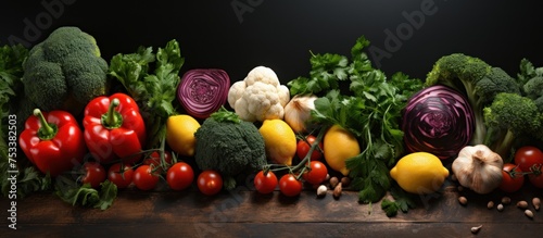Fresh vegetables on wooden table, panorama with space for text. © nahij