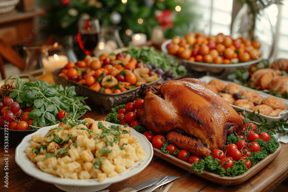 Traditional Christmas Dinner with Roasted Turkey, Vegetables, and Fruits
