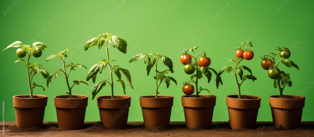 Obraz premium Minimal creative concept featuring young tomato plants in a peat pot on a green background