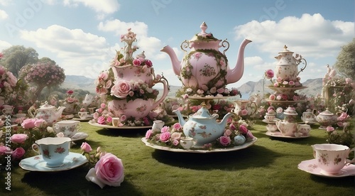 Giant tea party: a Wonderland landscape that features a giant tea party, with oversized teapots, teacups, and plates. The landscape can be filled with whimsical elements such as talking flowers photo