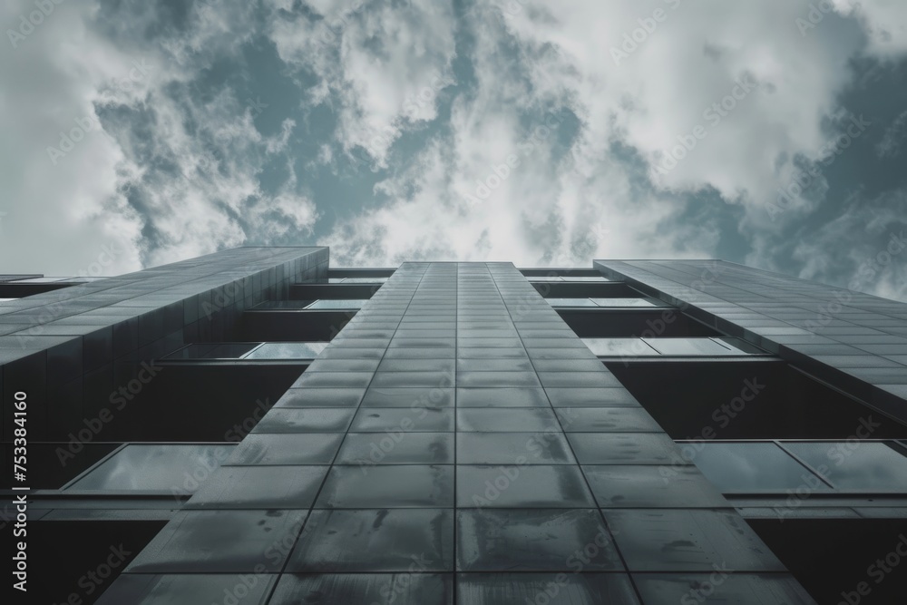 Abstract low-angle view of a skyscraper against a cloudy sky, reflecting themes of urbanization and architecture.
Abstract low-angle view of a skyscraper against a cloudy sky, reflecting themes of urbanization and architecture.