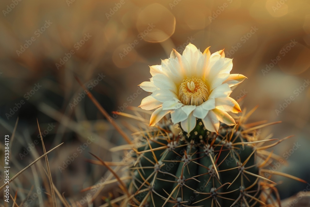 A delicate cactus flower blooms with resilience and beauty in a warm, golden hour light.
A delicate cactus flower blooms with resilience and beauty in a warm, golden hour light.