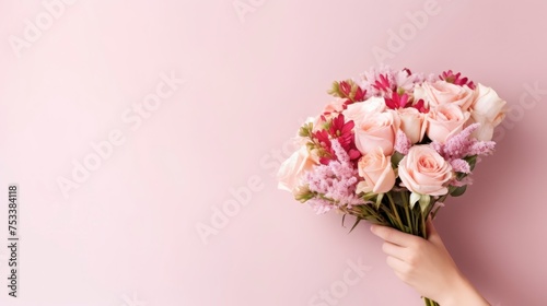 Flower bouquet in woman hand on pastel wall background. Top view. © Voilla