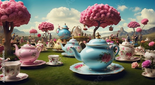 Giant tea party: a Wonderland landscape that features a giant tea party, with oversized teapots, teacups, and plates. The landscape can be filled with whimsical elements such as talking flowers