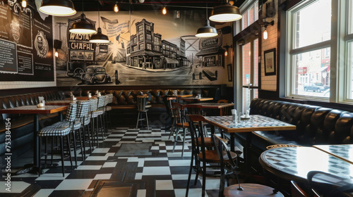This cozy cafe has a vintage feel with black and white checkered floors and a leather banquette along one wall. The tables are adorned with black and white gingham tablecloths