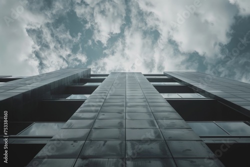 Abstract low-angle view of a skyscraper against a cloudy sky  reflecting themes of urbanization and architecture.  