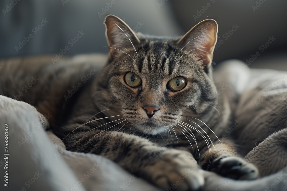 A striking tabby cat lounges leisurely, gazing with penetrating golden eyes, encapsulating feline grace and the quiet comfort of home life.
A striking tabby cat lounges leisurely, gazing with penetrating golden eyes, encapsulating feline grace and the quiet comfort of home life.