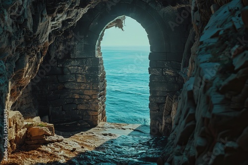 Arched doorway in a rocky cliff opening to the sea with sunlight