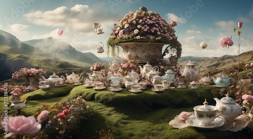 Giant tea party: a Wonderland landscape that features a giant tea party, with oversized teapots, teacups, and plates. The landscape can be filled with whimsical elements such as talking flowers