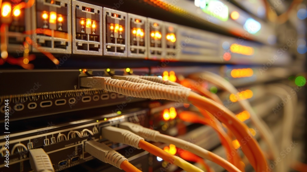 Data center and network device cabling. Generate AI image Data center and network device cabling. Generate AI image