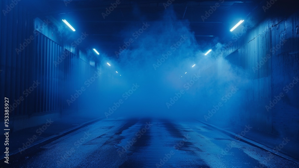 A dark empty road against a dark blue background, featuring an empty dark scene illuminated by neon lights and spotlights.