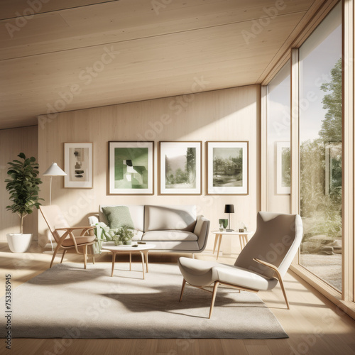 Modern Scandinavian Style Living Room Interior with Forest View  