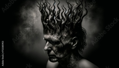 Mystical Entity with Flamboyant Hair and Dark Aura, Digital Art of Surreal and Dark Fantasy Theme