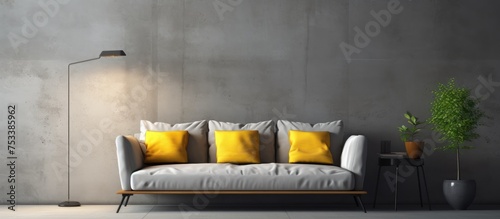 Modern interior design featuring a comfortable sofa and bright details against a concrete wall backdrop