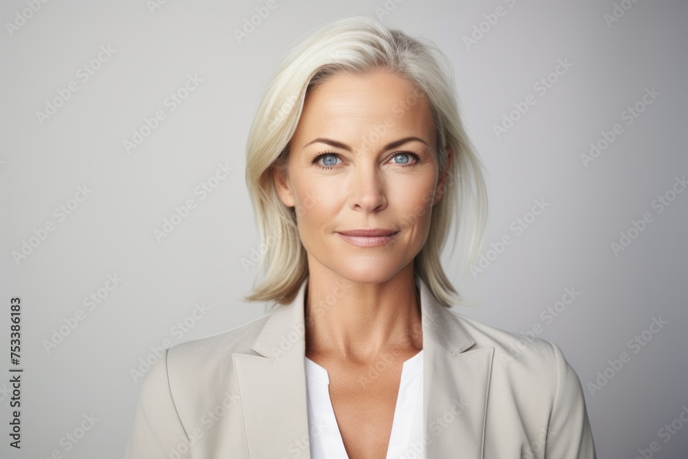 Closeup portrait of a businesswoman looking at the camera over grey background Closeup portrait of a businesswoman looking at the camera over grey background